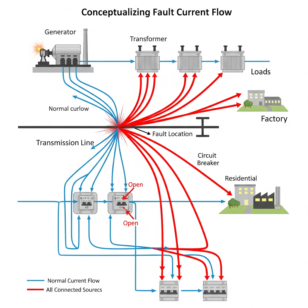 Diagram explaining what a short circuit analysis is by showing calculated fault current in an electrical system.