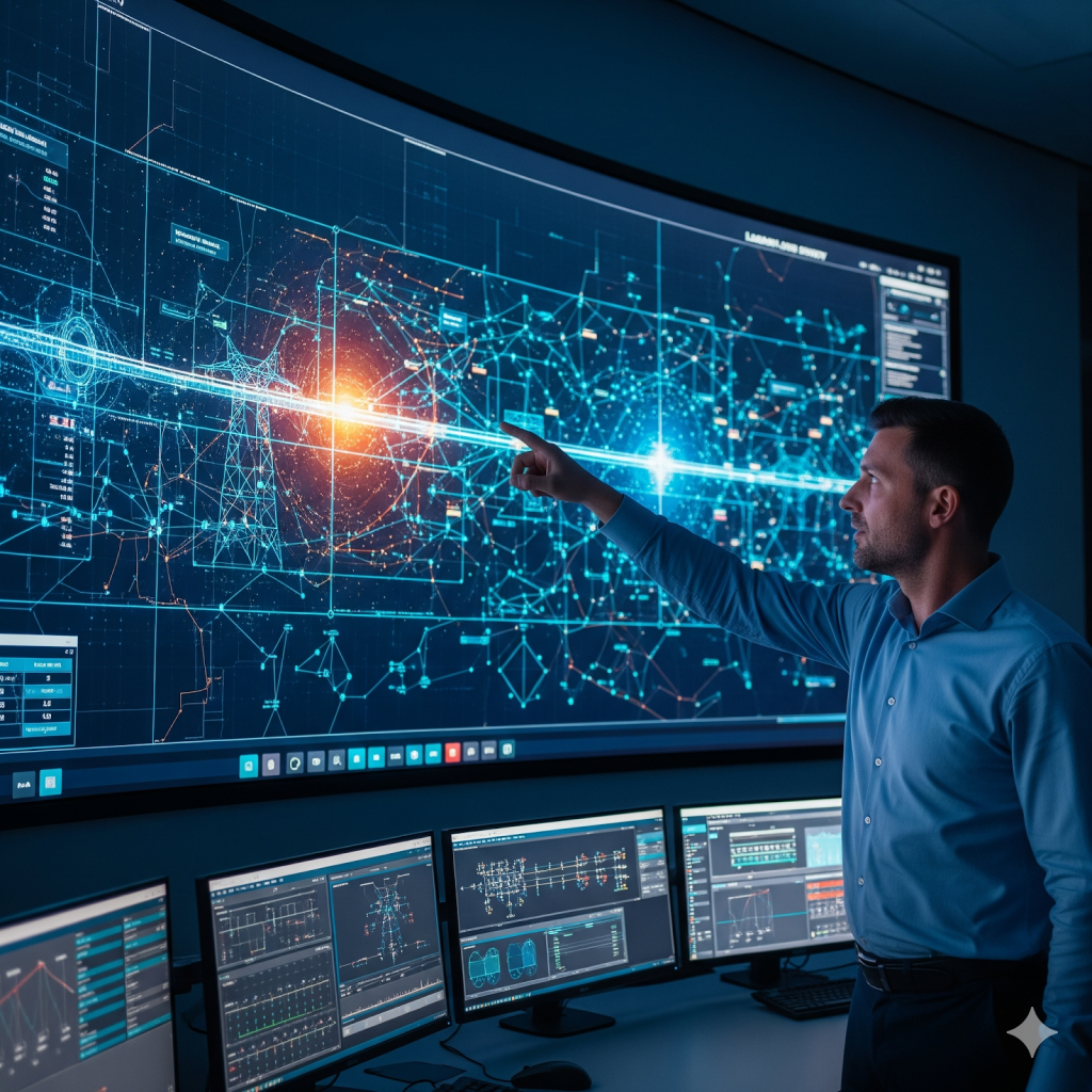 An engineer analyzing a digital twin of a power system, demonstrating a load flow study