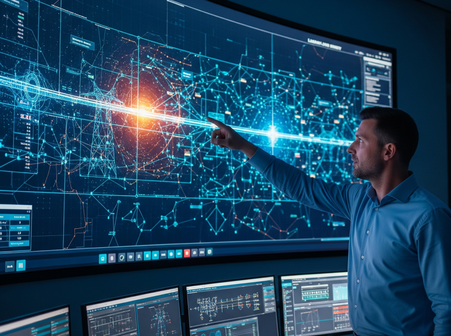 A cascading power outage diagram showing how a single fault can cause a blackout.
