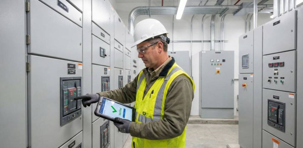 Electrical engineer performing a facility handover audit and verifying asset data.