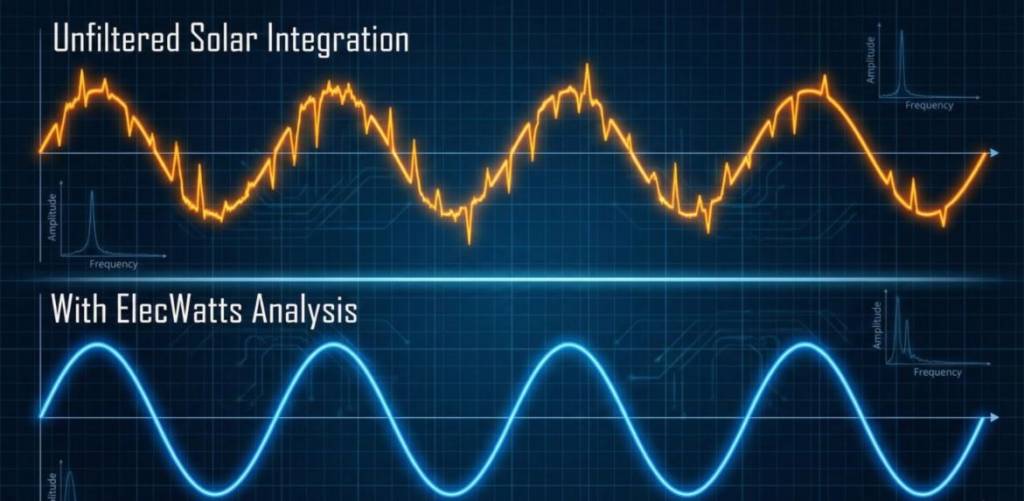 Power quality analysis showing harmonic distortion mitigation for industrial solar systems.