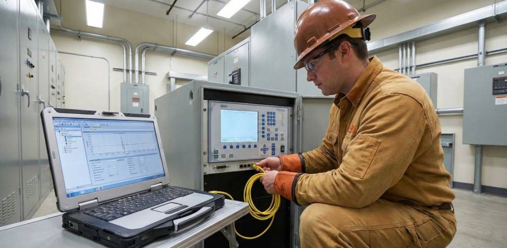 Engineer auditing protection relay settings to prevent electrical faults and cascading outages