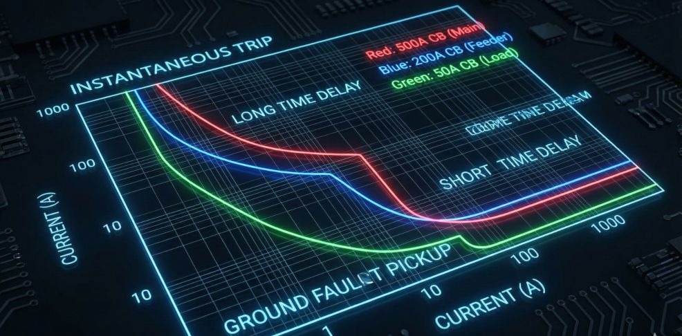 Time-Current Curve (TCC) graph showing proper electrical protection coordination.