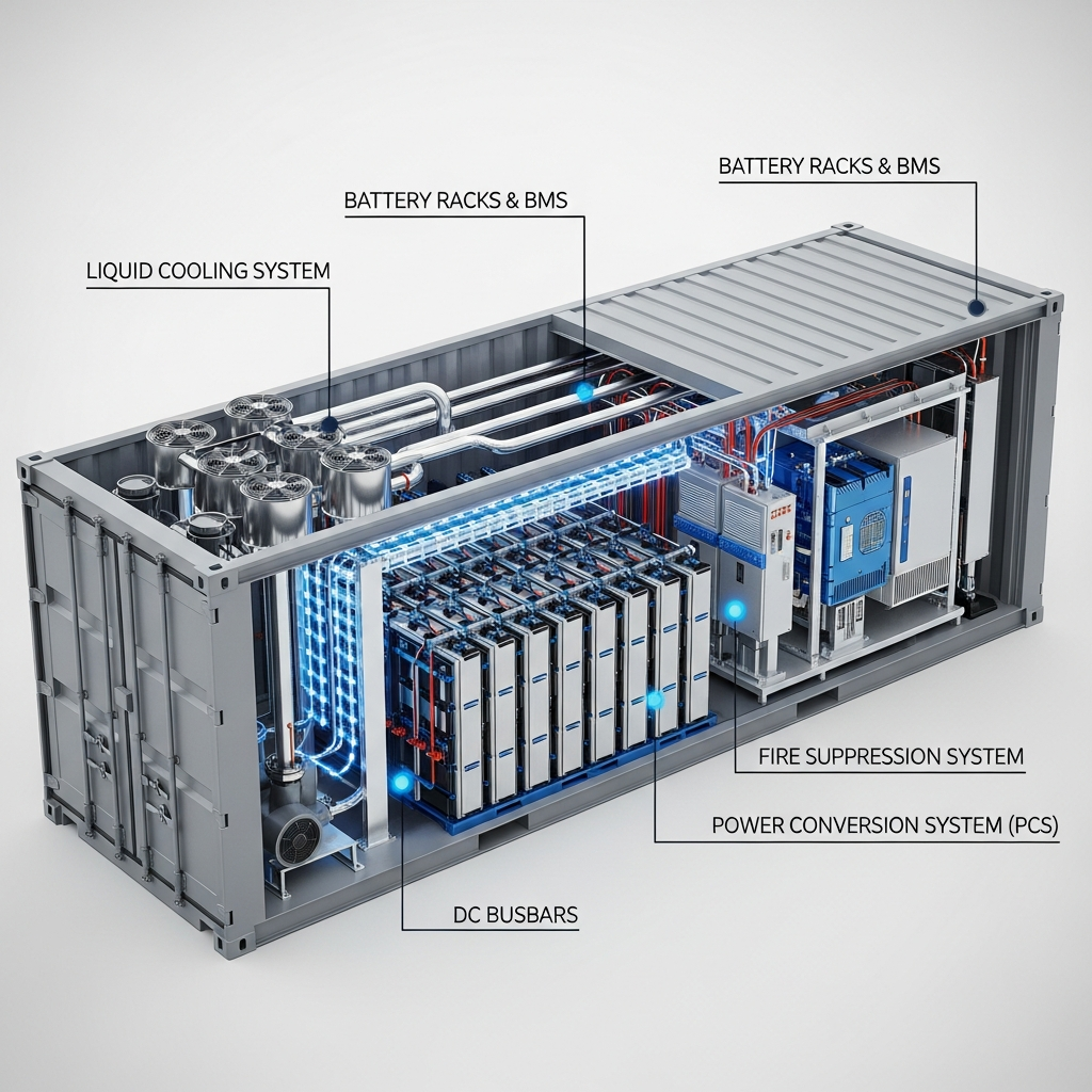 Technical diagram of a BESS container highlighting key components for commissioning checks.