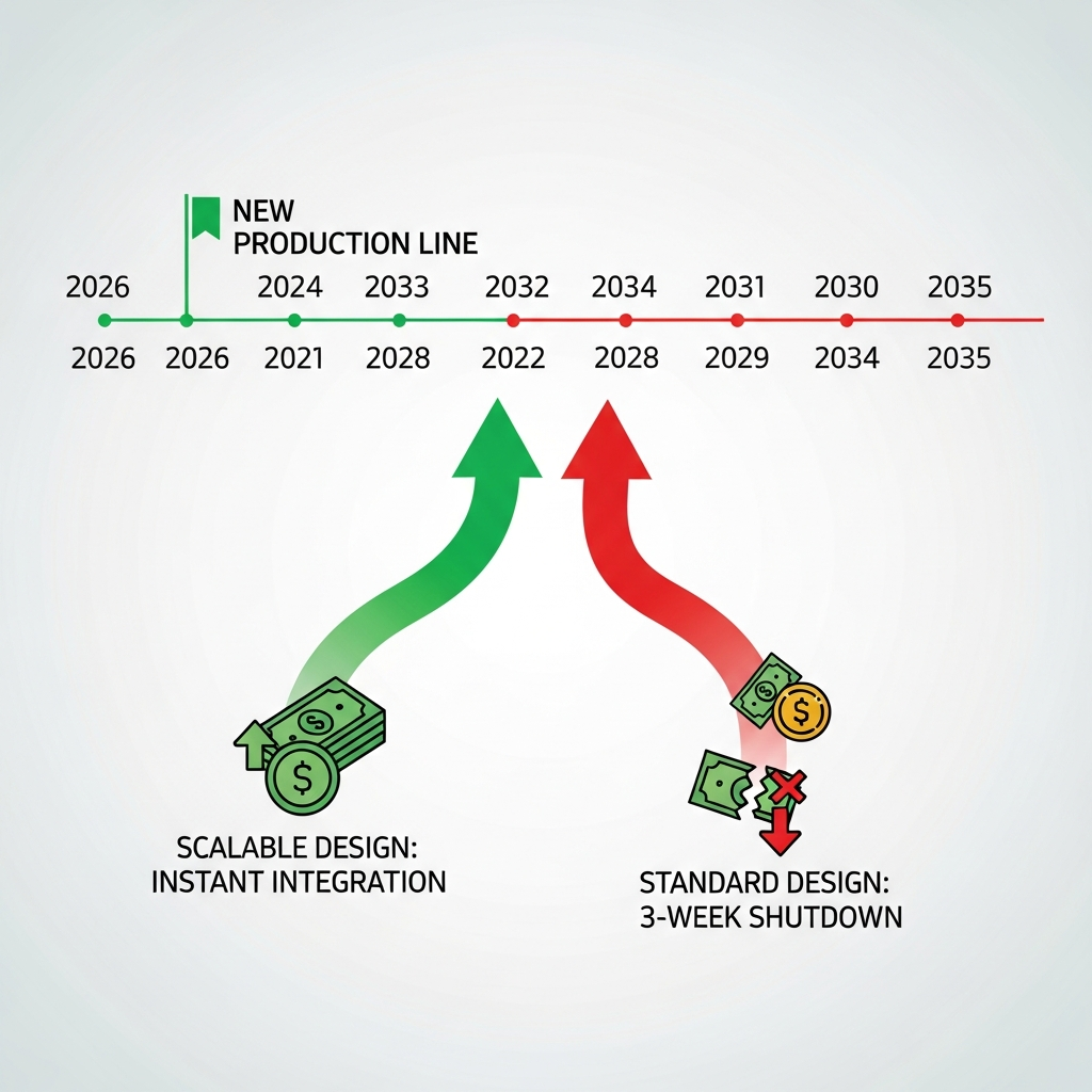Timeline showing the ROI benefits of scalable electrical design versus traditional design over 10 years.
