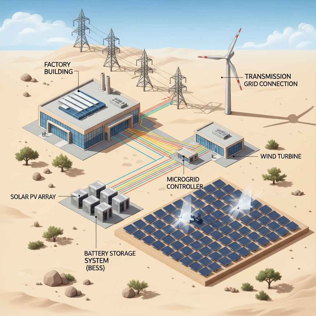Diagram of a hybrid industrial microgrid in Saudi Arabia showing solar, storage, and grid connection