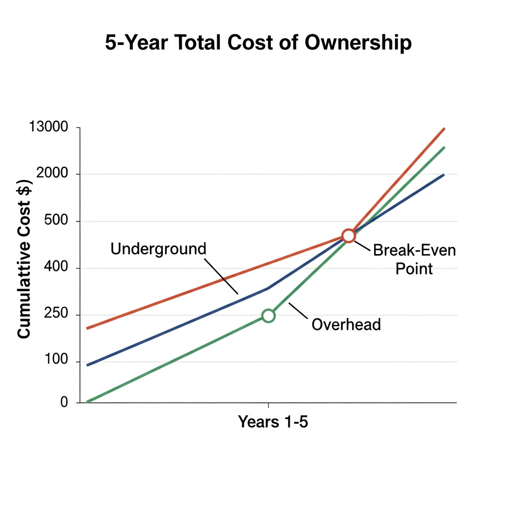 Graph showing the total cost of ownership analysis for underground vs overhead cables over 5 years