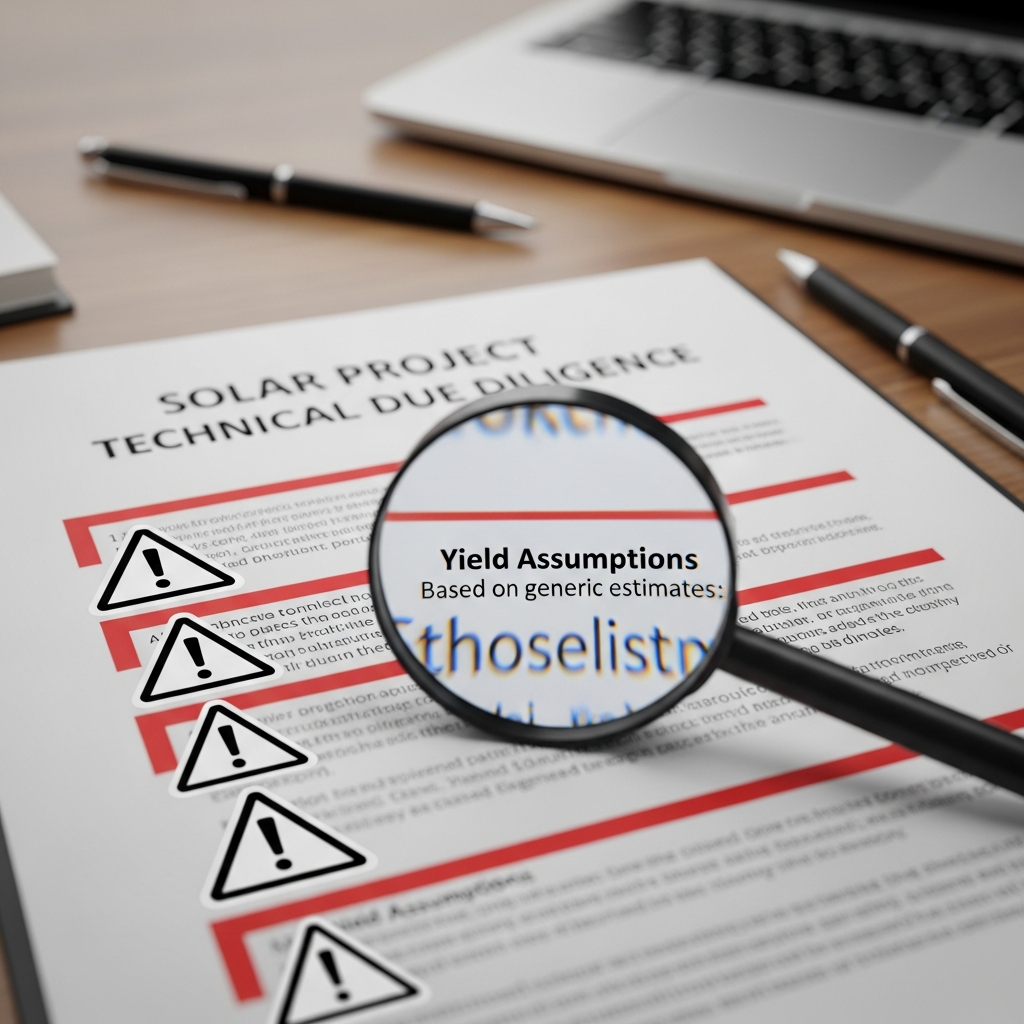 Example of a poor quality solar technical due diligence report with red flags highlighted.