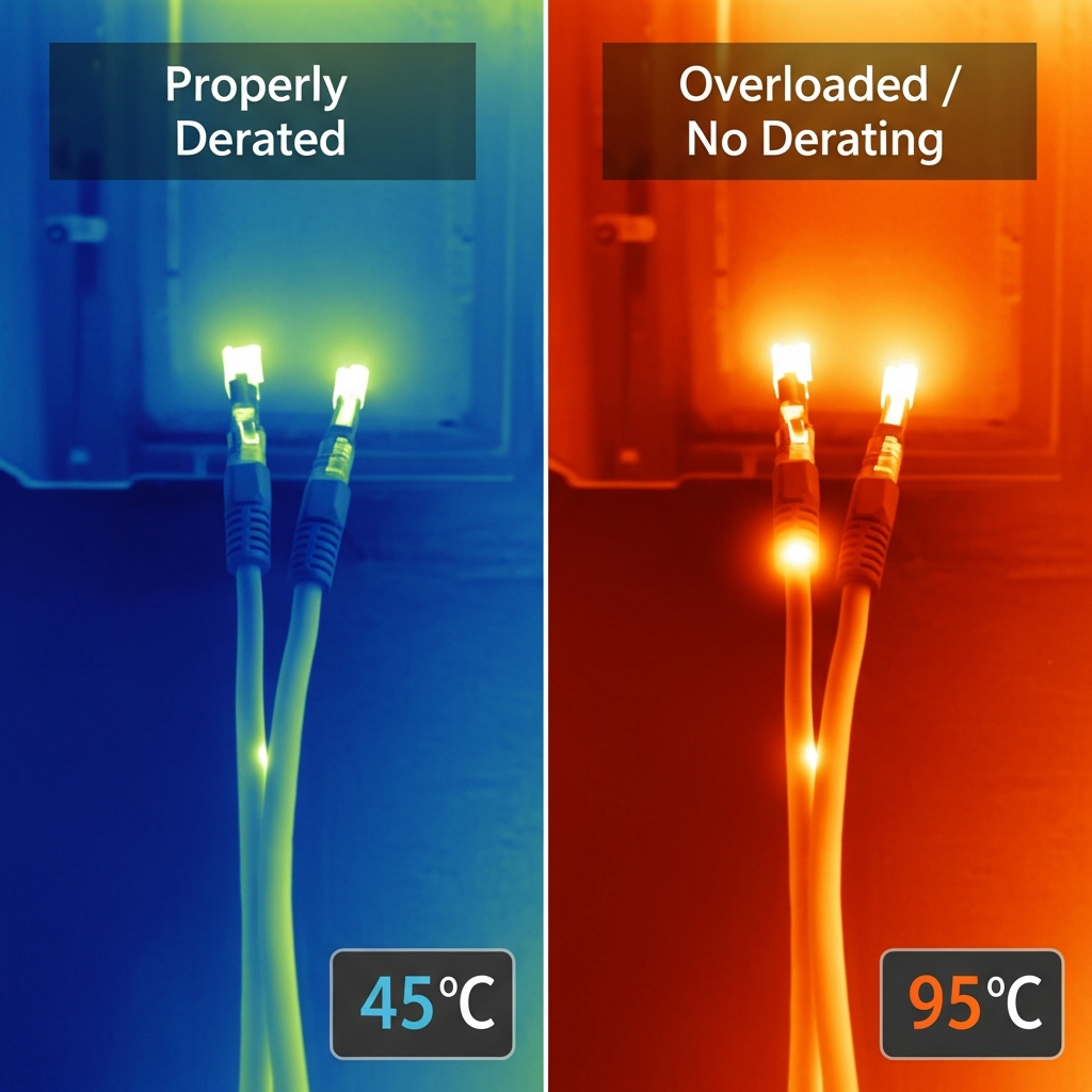 Thermal imaging comparison of safe vs overheated cables due to lack of derating.