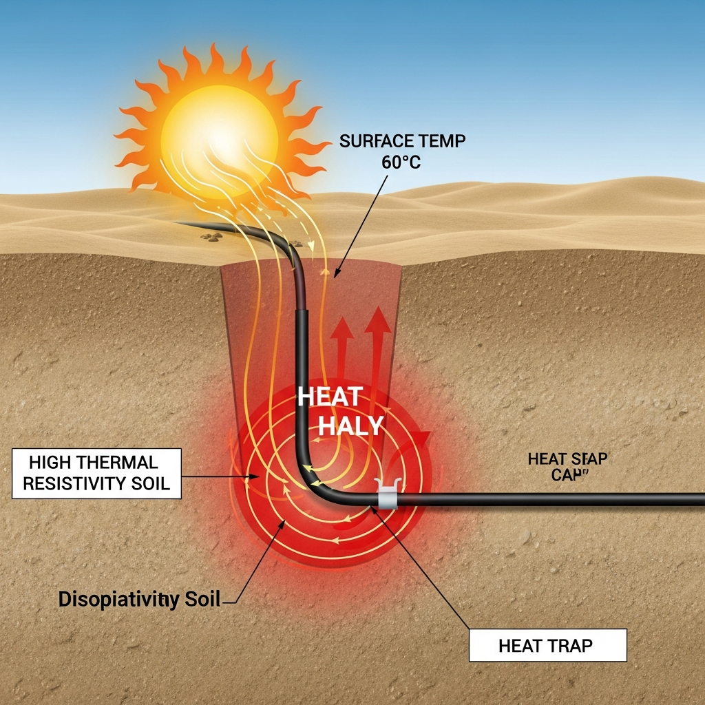 Diagram showing how desert soil heat affects underground cable ampacity.