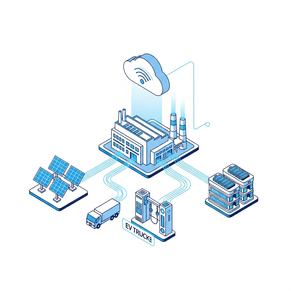 Diagram of a future-proof industrial plant with smart grid, solar, and IIoT infrastructure.
