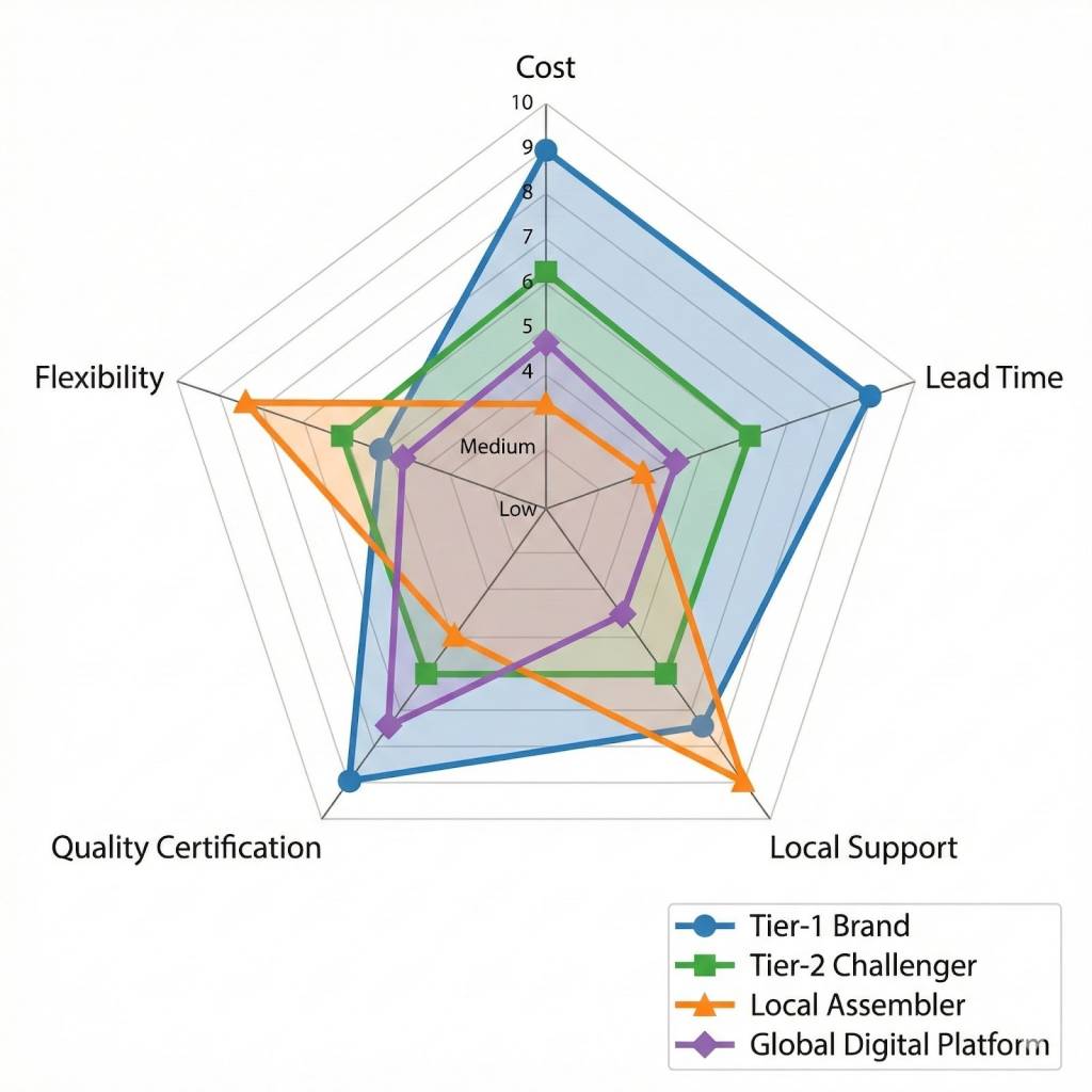 Radar chart comparing Tier-1 vs Tier-2 switchgear suppliers on cost, lead time, and quality.