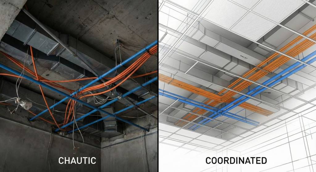 Comparison of chaotic uncoordinated MEP installation versus BIM coordinated ceiling layout