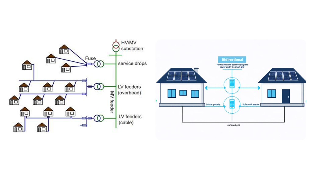 Schematic comparing traditional radial power networks with bidirectional smart grids using adaptive protection