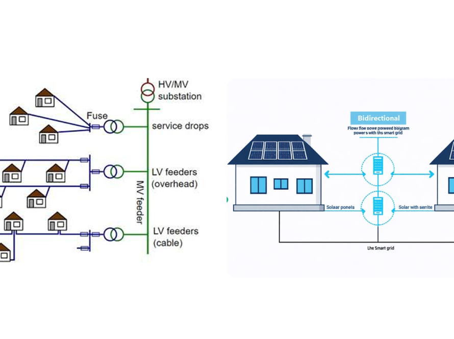 Schematic comparing traditional radial power networks with bidirectional smart grids using adaptive protection.
