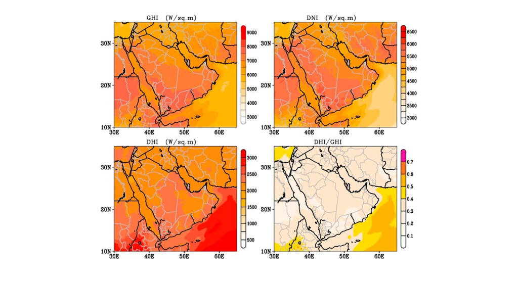 Map of GCC solar resource variability highlighting P50 and P90 energy yield probability ratios