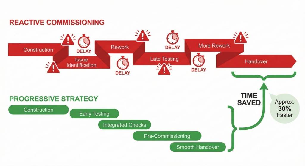Gantt chart comparing reactive versus progressive commissioning strategies to avoid delays.