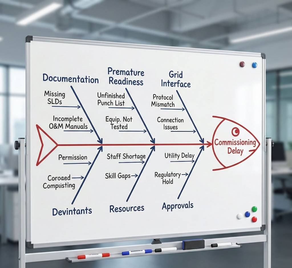 "Fishbone diagram showing the root causes of electrical commissioning delays in GCC projects