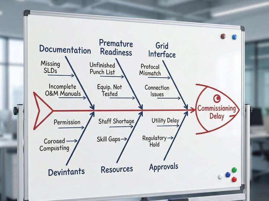 Power lines at sunset, illustrating energy project commissioning.