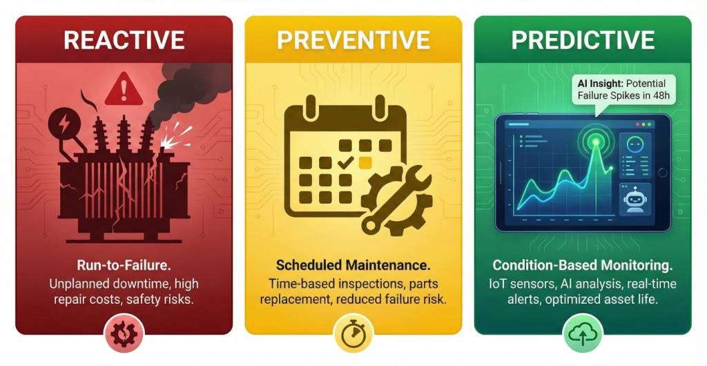 Comparison of reactive, preventive, and AI-driven predictive maintenance strategies for substations