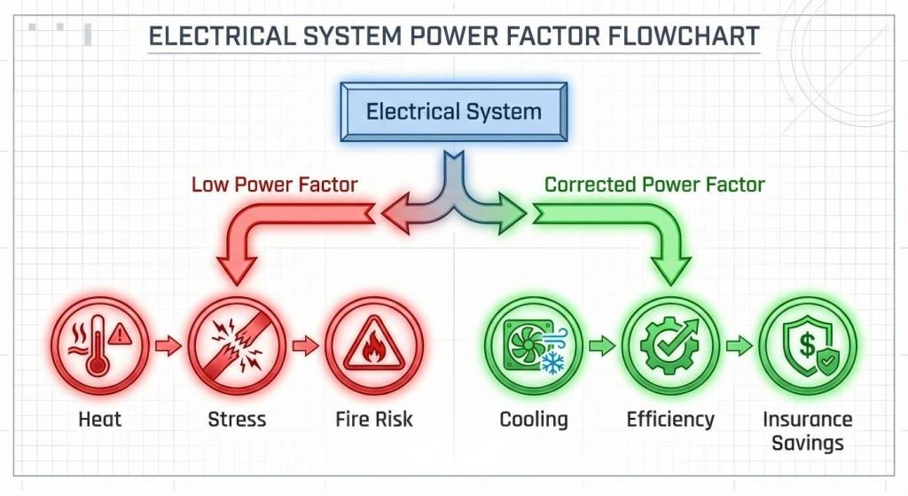 Flowchart showing how power factor correction leads to lower risk and insurance premiums