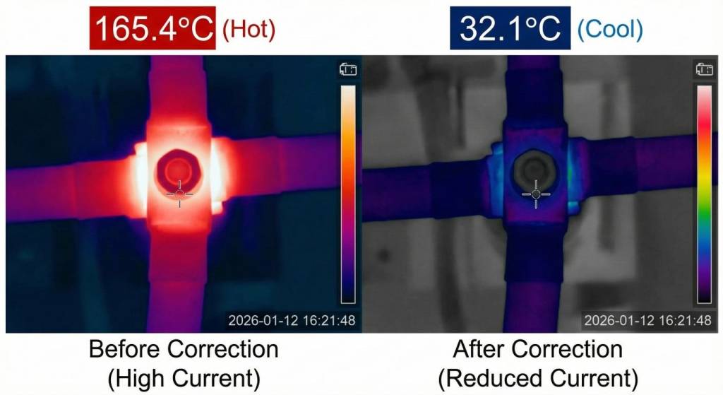 Thermal imaging comparison showing reduced electrical heat after power factor correction.