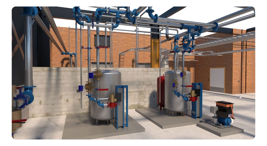3D BIM visualization showing electrical-mechanical interface coordination in a pump room.
