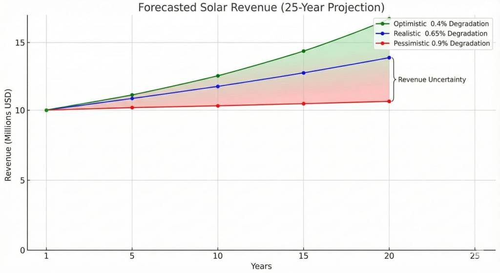 Chart showing the impact of solar panel degradation rates on long-term project revenue