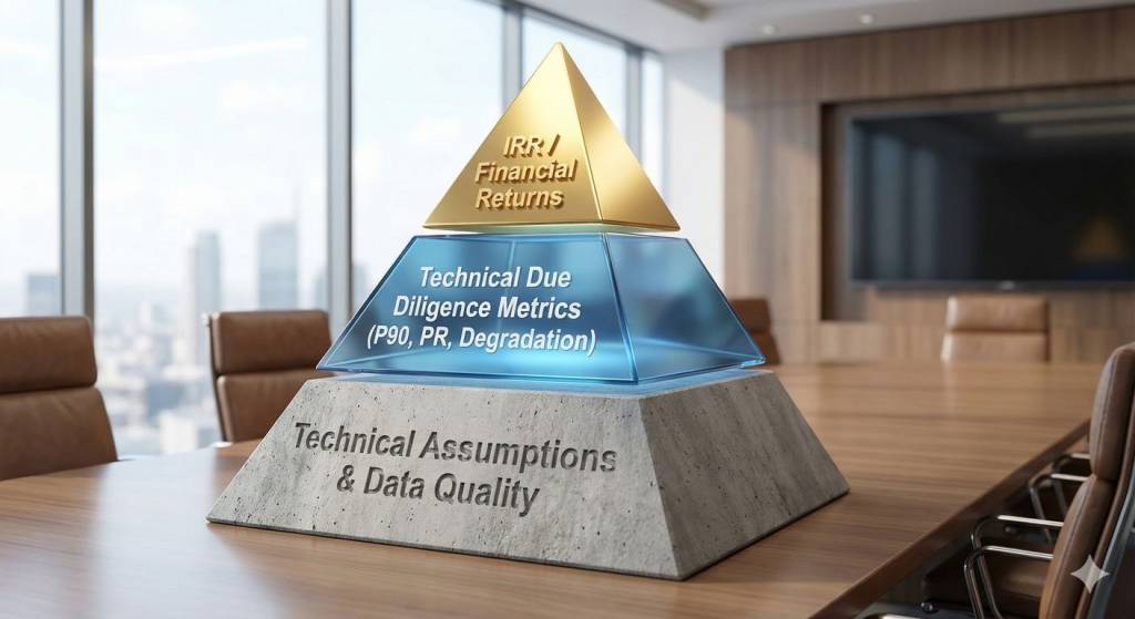 Pyramid infographic showing how financial returns are built on technical due diligence metrics.