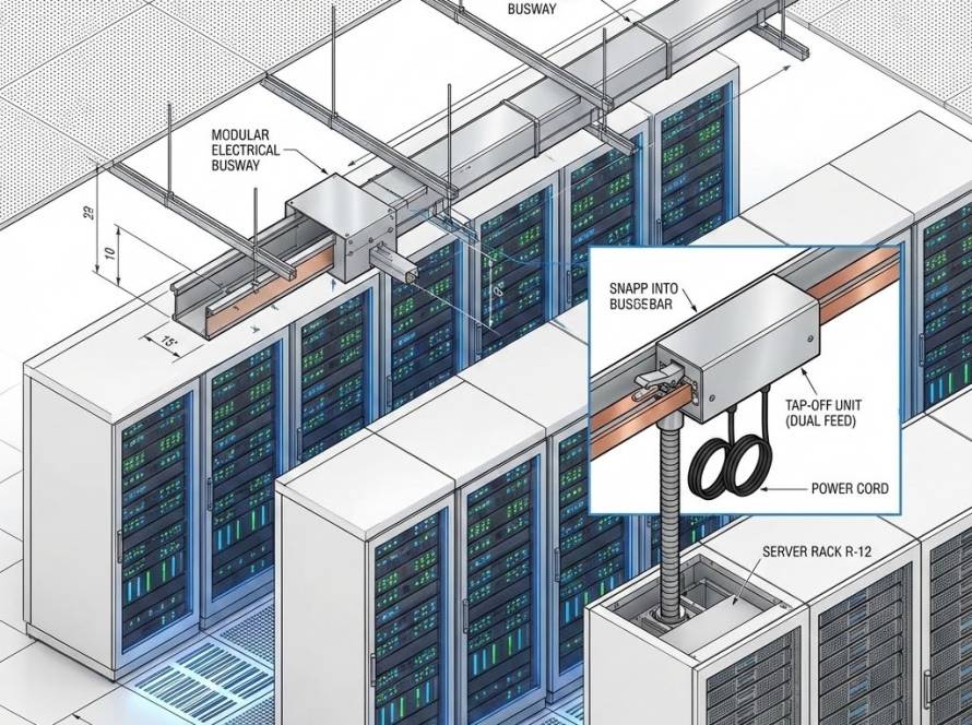 Diagram of a scalable overhead busway power distribution system running above server racks in a data center