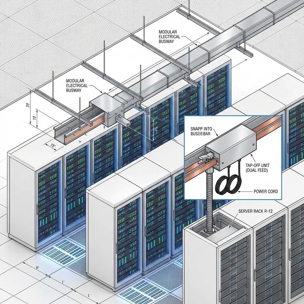Diagram of a scalable overhead busway power distribution system running above server racks in a data center