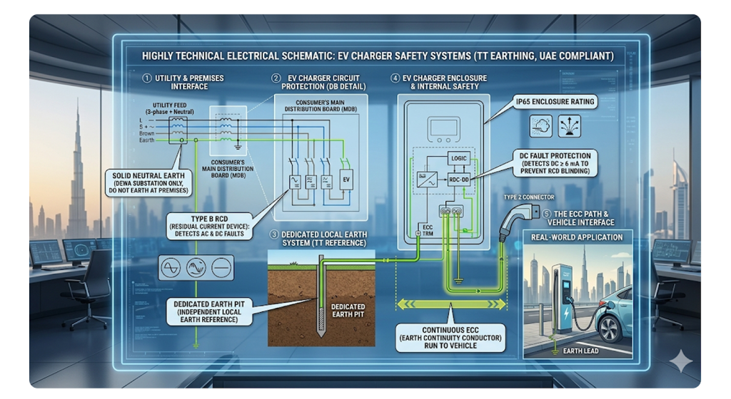 Electrical schematic showing required Type B RCD and TT earthing safety configurations for EV chargers in the UAE.