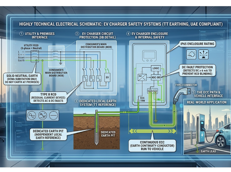 Electrical schematic showing required Type B RCD and TT earthing safety configurations for EV chargers in the UAE.
