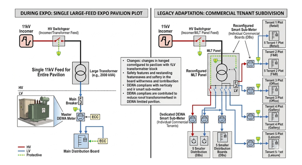Schematic demonstrating the subdivision of an Expo 2020 pavilion's electrical system into multiple individually metered commercial units