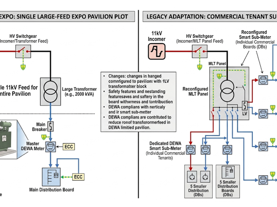 Schematic demonstrating the subdivision of an Expo 2020 pavilion's electrical system into multiple individually metered commercial units