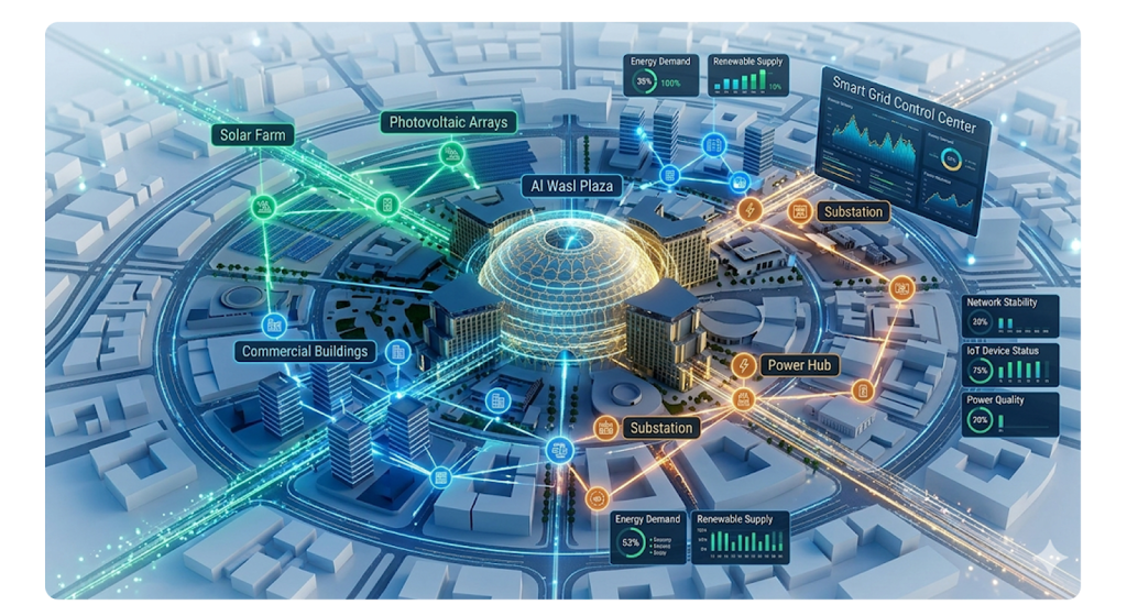 Digital visualization of the Siemens smart grid and IoT power distribution network actively managing energy across Expo City Dubai