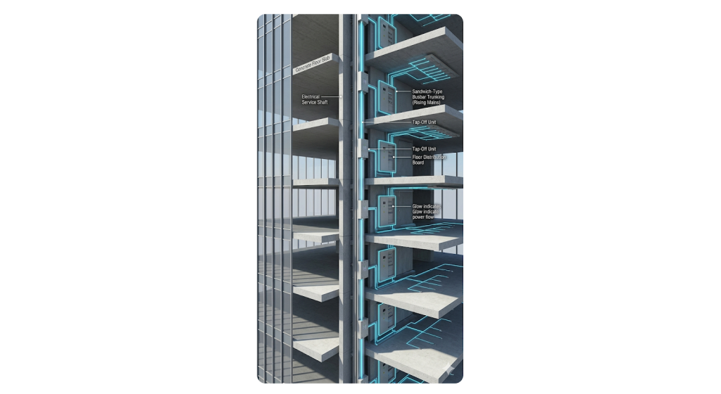 Vertical busbar trunking system distributing low voltage power efficiently through a high-rise building shaft.