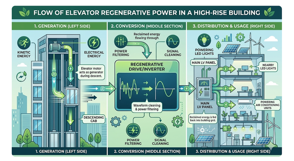 Infographic showing how high-speed elevators generate regenerative electrical power that is fed back into a skyscraper's grid.