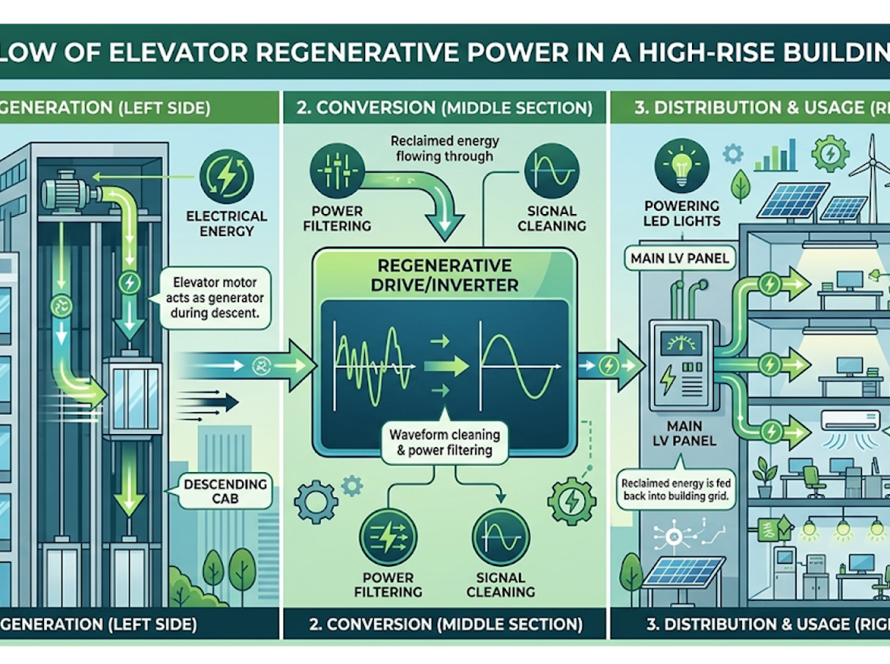 Infographic showing how high-speed elevators generate regenerative electrical power that is fed back into a skyscraper's grid.