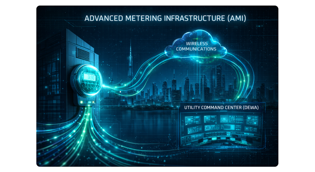 Digital illustration of DEWA's Advanced Metering Infrastructure (AMI) transmitting real-time smart meter data.