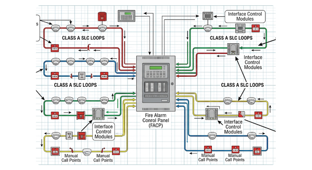 Detailed Fire Alarm Control Panel (FACP) network topology diagram showing addressable loops and HVAC/Elevator interface modules.