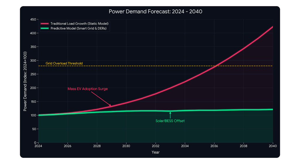 Dual-line chart comparing traditional electrical load growth versus optimized predictive power modeling up to the year 2040