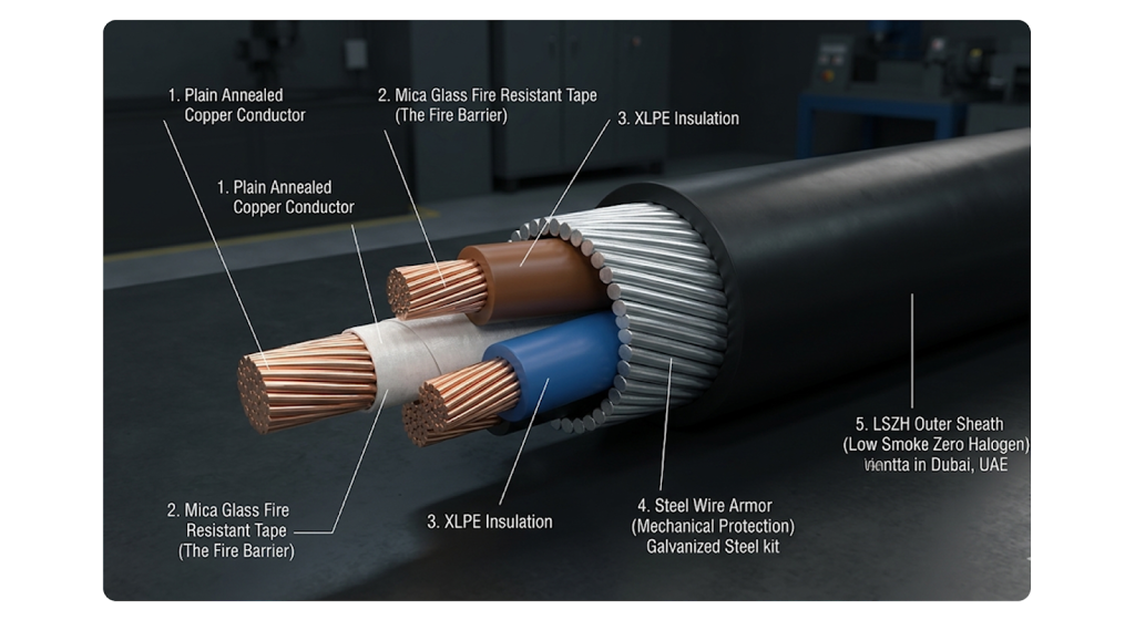 Cross-sectional diagram of an FP400 fire-resistant cable detailing the mica glass tape and LSZH layers required for DCD compliance.