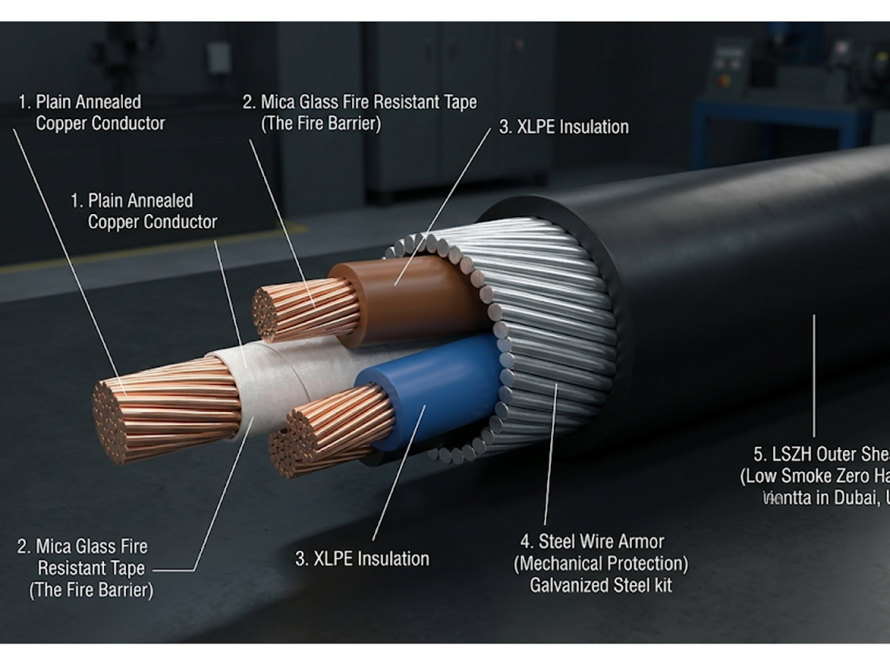 Cross-sectional diagram of an FP400 fire-resistant cable detailing the mica glass tape and LSZH layers required for DCD compliance.