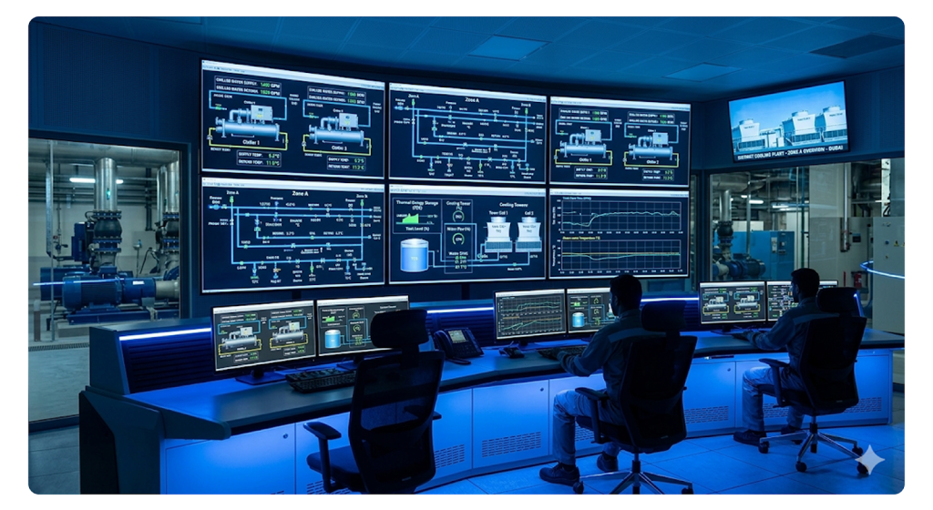 Advanced SCADA control interface monitoring cooling infrastructure and electrical parameters in a district cooling plant