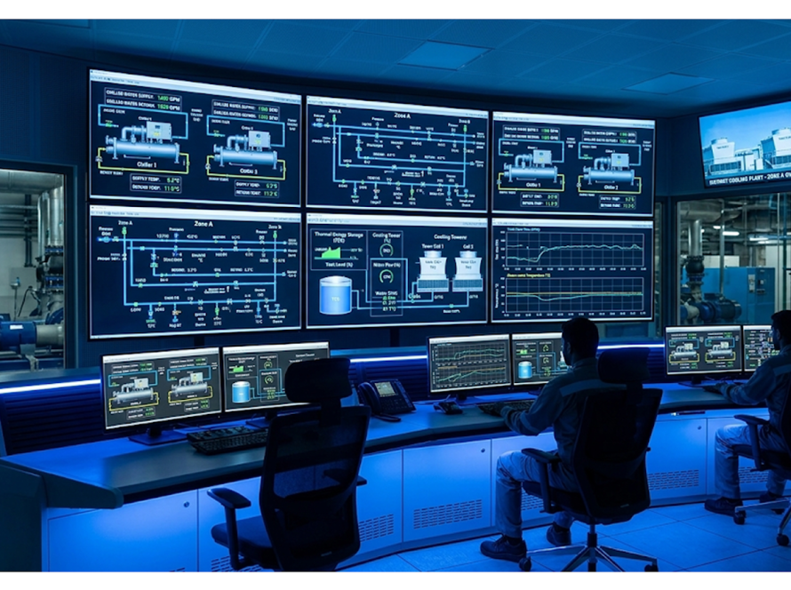 Advanced SCADA control interface monitoring cooling infrastructure and electrical parameters in a district cooling plant