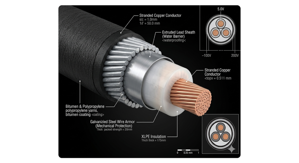 Cross-section diagram of a high-voltage XLPE submarine power cable detailing the lead sheath and steel wire armor layers