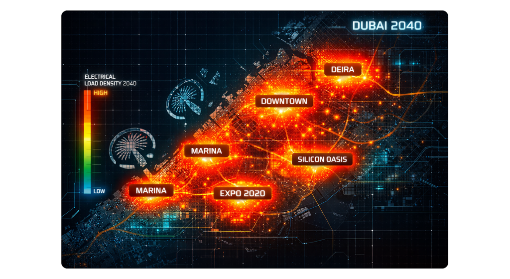 Heat map projecting high-density electrical loads across Dubai's five main urban centers for the 2040 Urban Master Plan.