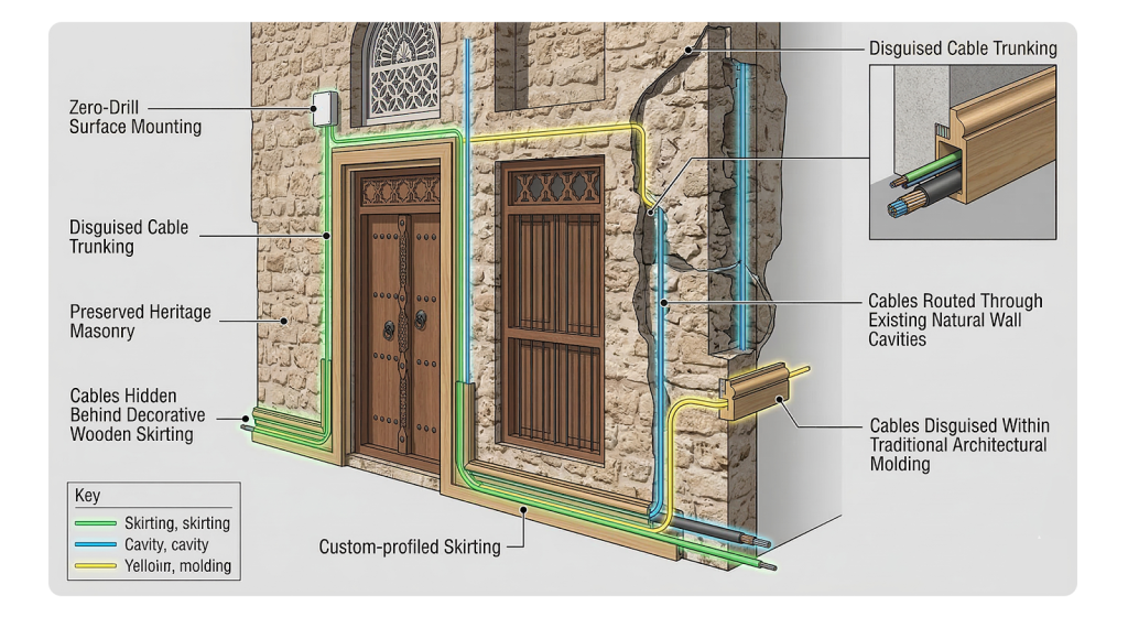 Diagram showing non-invasive electrical cable routing techniques to preserve heritage building walls during retrofitting