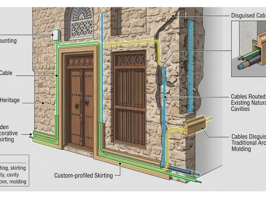 Diagram showing non-invasive electrical cable routing techniques to preserve heritage building walls during retrofitting